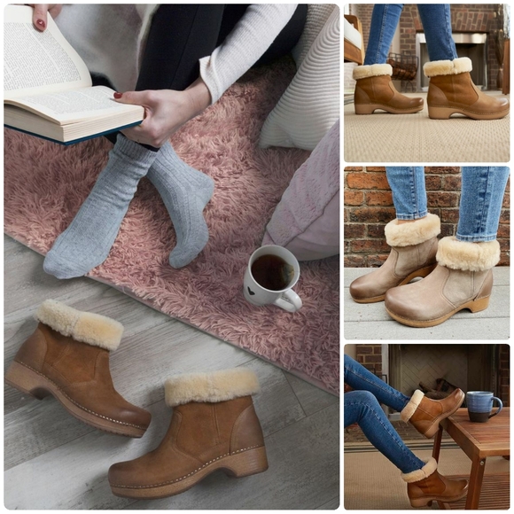 Chestnut Dansko Bettie Shearling Ankle Bootie Burnished Distressed Boho 37 38 41 - Picture 5 of 9